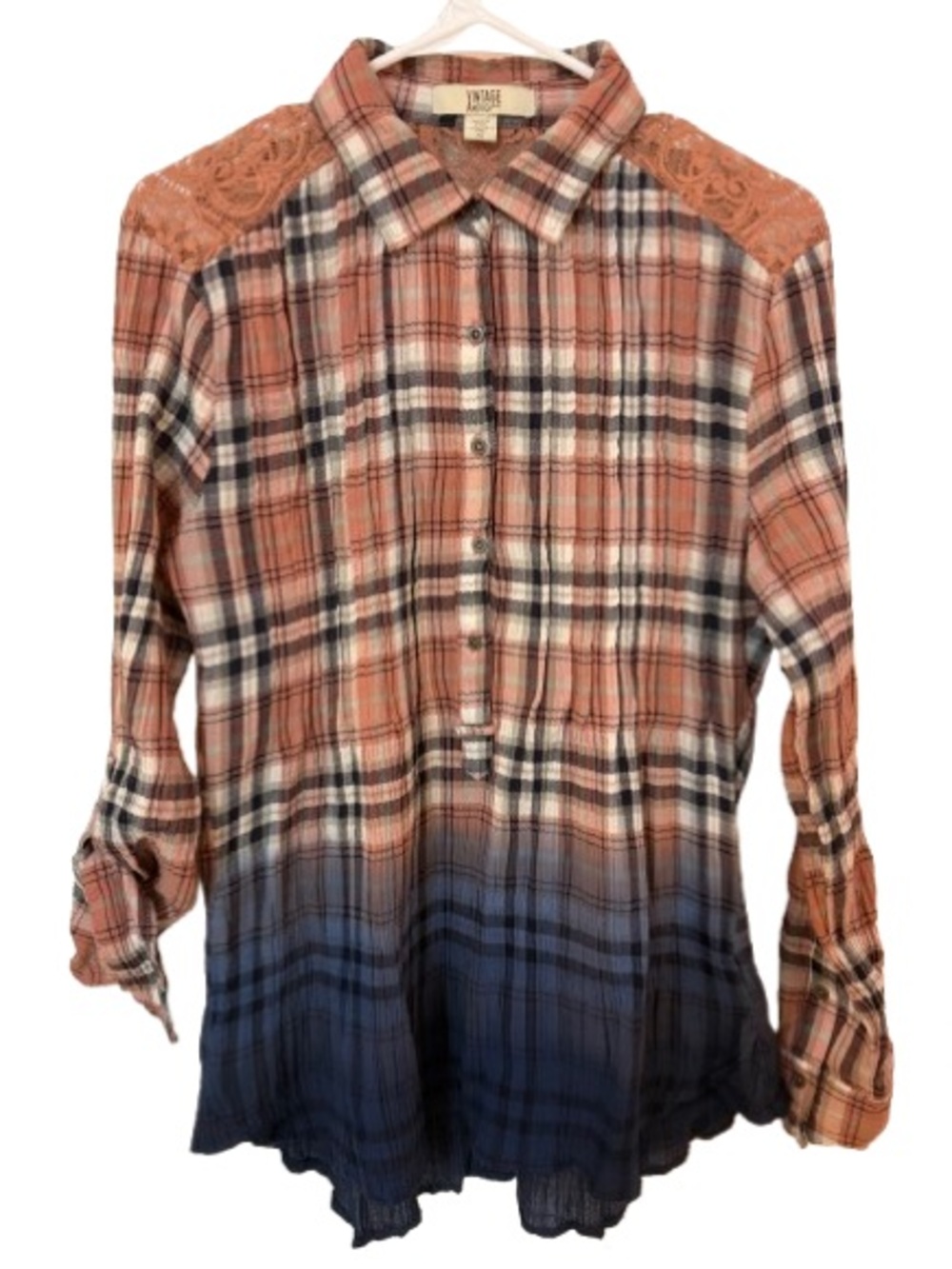 Vintage America Blues Sunset Creek Ombré Lace Back Plaid Button Down Top Size XS